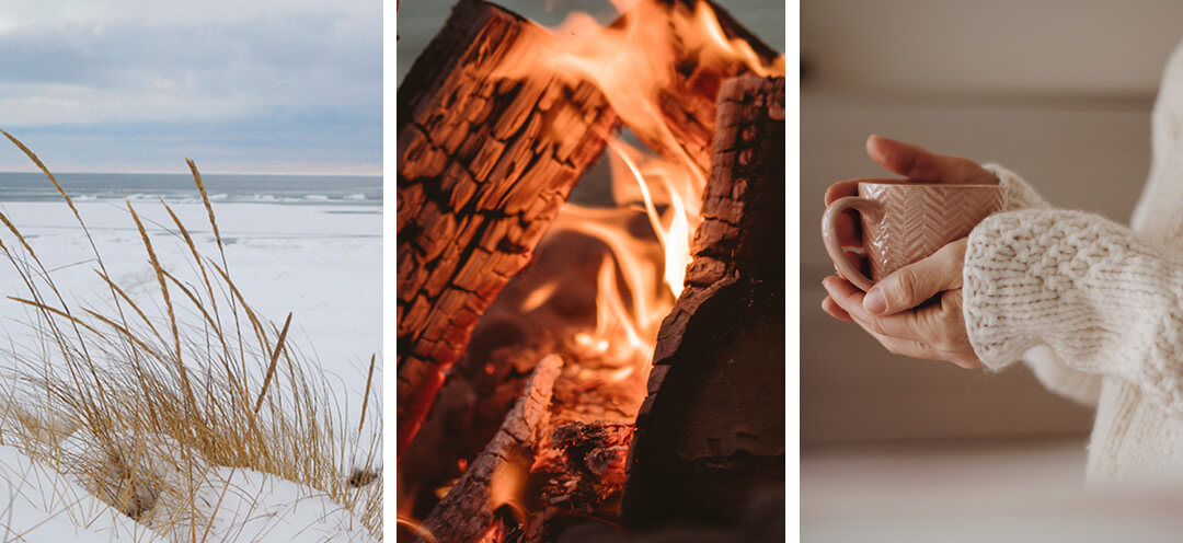 Three pictures, of a Danish sandy beach with straw in front and sea behind, embers from a fire and a woman in a white sweater holding a pink cup