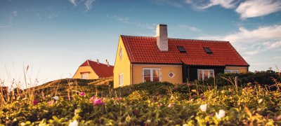 Yellow cottage with flowers in the front in the sunshine in Denmark