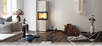 White fireplace Scan 5006-S in a white living room with dark floor and light furniture