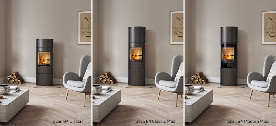 Four product images of black fireplaces In the Scan 84 series