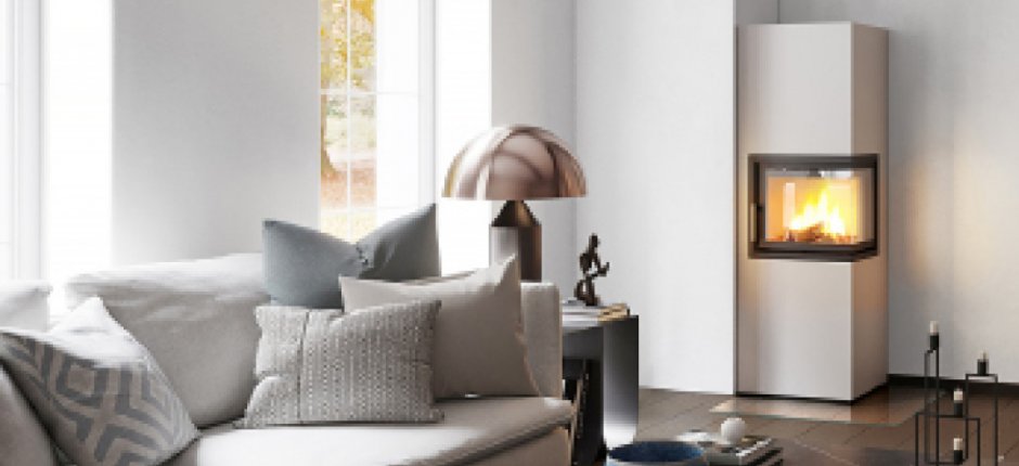 White fireplace Scan 5006-S in a white living room with dark floor and light furniture