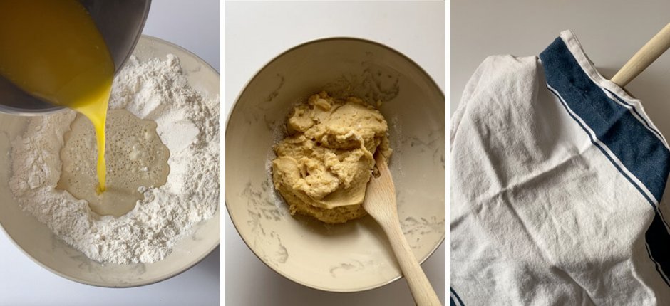 Image of a baking bowl pouring in the ingredients step by step