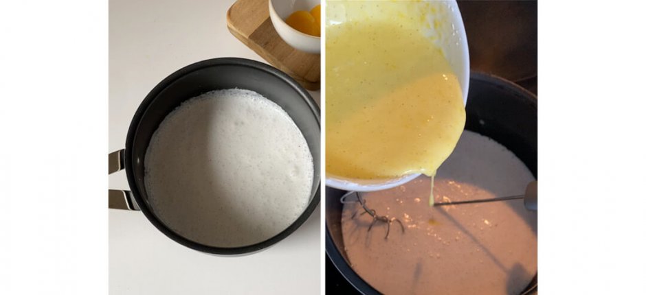 Kettle with boiling milk, pouring egg yolks into warm milk