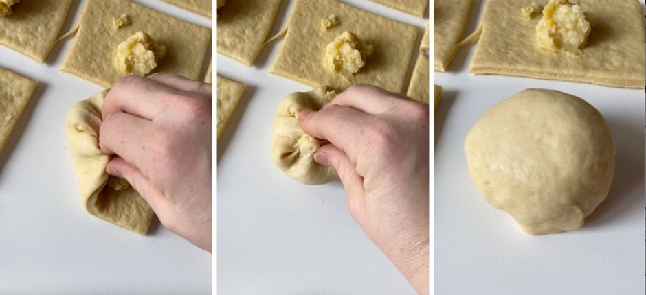 Hans baking buns on a white table