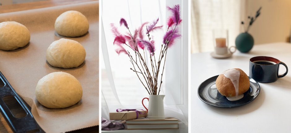 three-part picture, buns on a baking tray, Shrovetide rice in a white vase, blue plate with Shrovetide bowl and cup of coffee