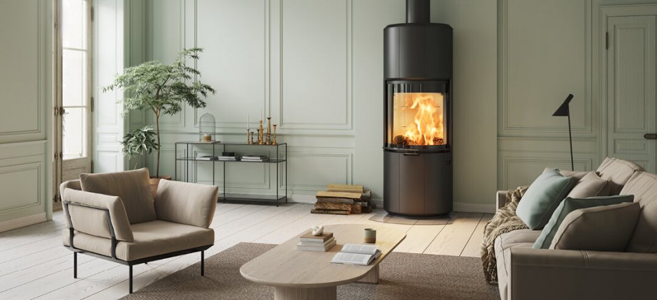 The black fireplace heats the modern design room in a house