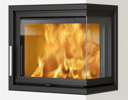 Black fireplace insert with glass on the front and right side with white fireplace frame