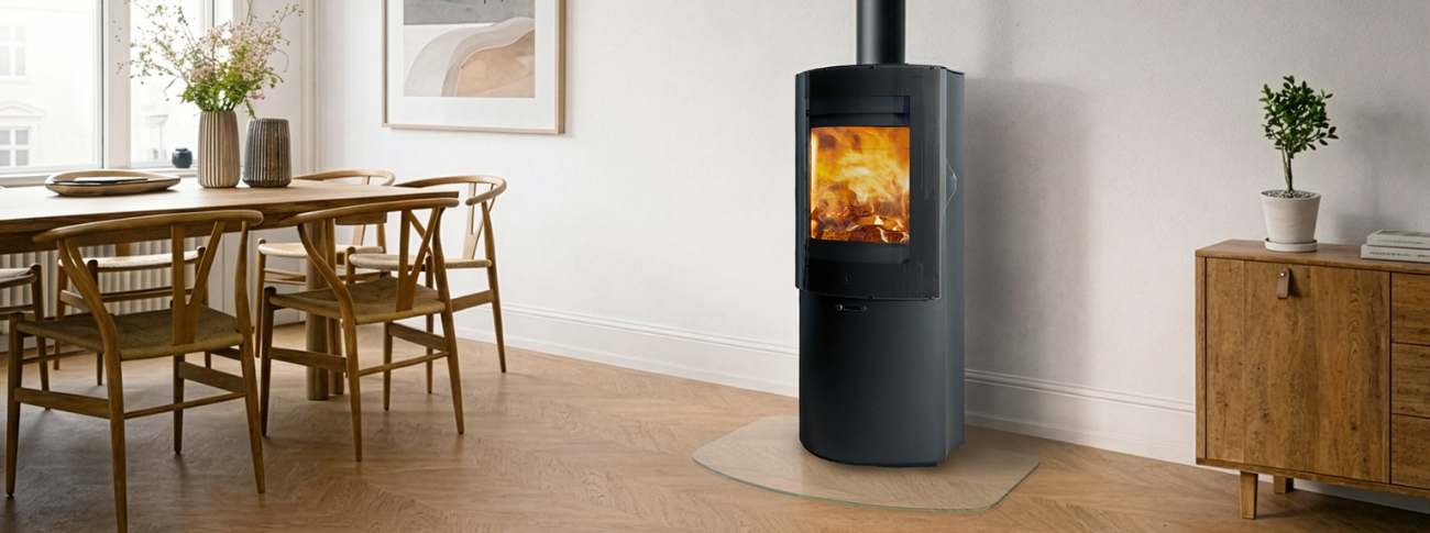 Modern wood stove Scan 79 1250 Zensoric with visible flames, set in a bright Scandinavian dining room with wooden interior and minimalist design.