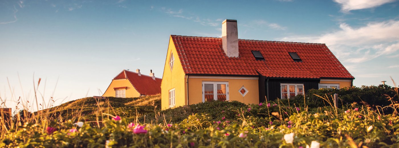 Yellow cottage with flowers in the front in the sunshine in Denmark