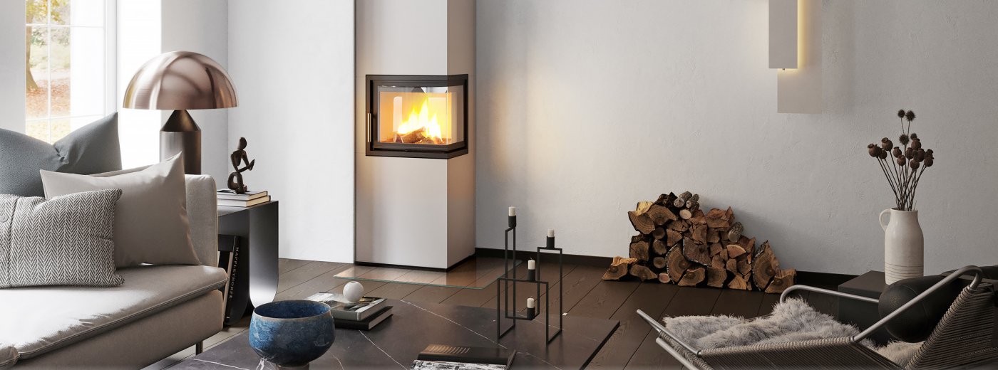 White fireplace Scan 5006-S in a white living room with dark floor and light furniture