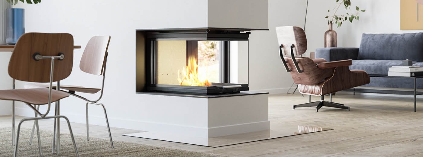 Large fireplace Scan 5005 FRL as room divider with glass on three sides and door with lifting function in living room with dining room and blue wall behind