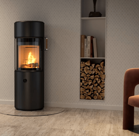 Wood-burning stove Scan 67-1300 by integrated bookcase in bright Scandinavian interior