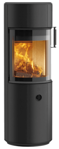 Product image of round black wood-burning stove Scan 67 with large curved glass door