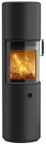 Product image of tall round black wood-burning stove Scan 67 with large curved glass door