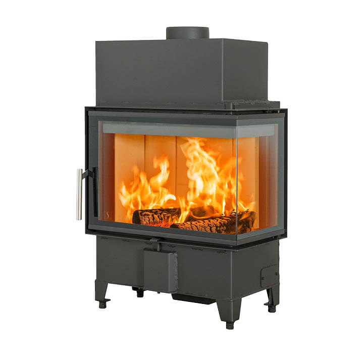 Rectangular fireplace insert in black steel Scan 5003 with glass on two sides and handle in brushed steel