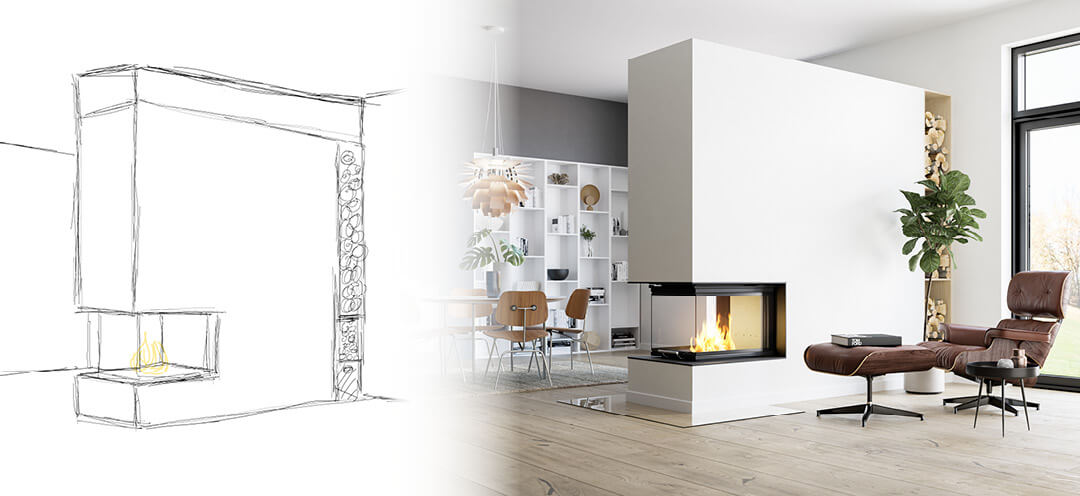 Two-part picture of the road from sketch to finished fireplace in a bright living room