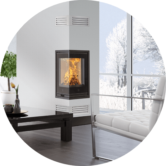 Black fireplace insert Scan 1008 placed on the outer corner