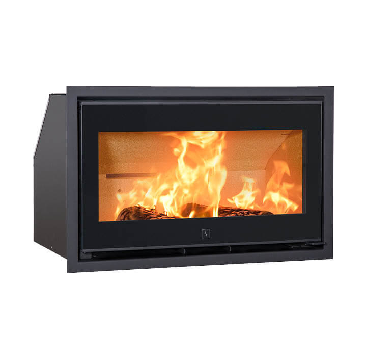 Rectangular black fireplace insert with flames Scan 1006 with black glass door and steel frame