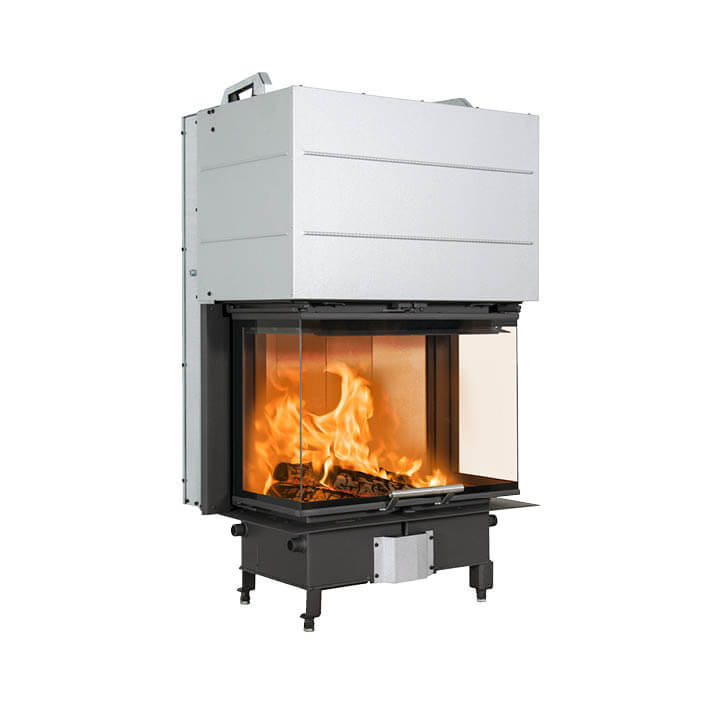 Rectangular fireplace insert in black steel Scan 5004 with lift-up door and glass on three sides and handle in brushed steel