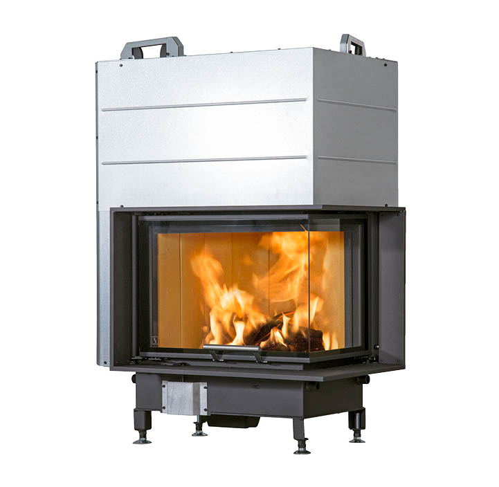 Rectangular fireplace insert in black steel Scan 5004 with lift-up door and glass on two sides and handle in brushed steel
