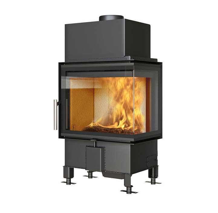 Rectangular fireplace insert in black steel Scan 5006 with glass on two sides and handle in brushed steel