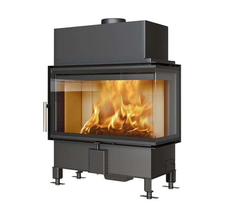 Rectangular fireplace insert in black steel Scan 5007 with glass on two sides and handle in brushed steel