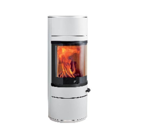 Rund vedovn Scan 83-1 i glossy hvit farge med stor buet dør og sorte detaljer