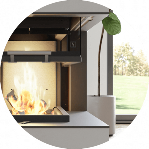 Fireplace insert with lift-up door Scan 5005 with a fig plant and parts of a window in the background