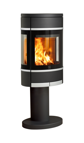 Sort vedovn på søylefot med sideglass, aluminiumshåndtak og pyntelister Scan 68-10