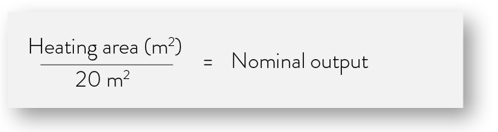 Image of formula for calculating heat demand. The home's m2 divided by 20 m2 is equal to Nominal effect